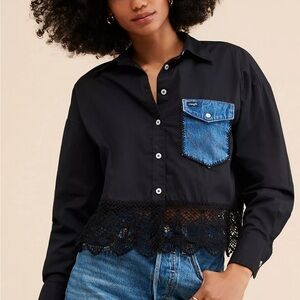 Maeve Black Button Down Shirt with Blue Pocket and Lace Hem